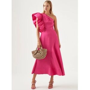 NWT Aje Bonjour Ruffle One-Shoulder Linen Midi Dress in Pink Size US 2
